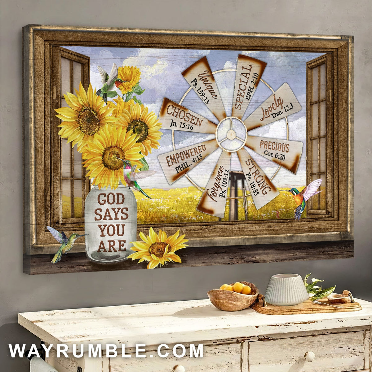 Sunflower, Hummingbird, Windmill, God says you are unique, special - Jesus Landscape Canvas Prints, Wall Art