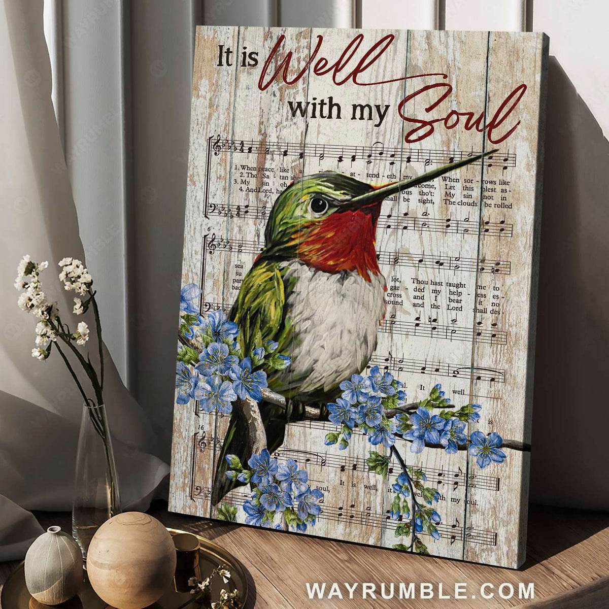Green hummingbird, Blue flax, Music sheet, It is well with my soul - Jesus Portrait Canvas Prints, Christian Wall Art
