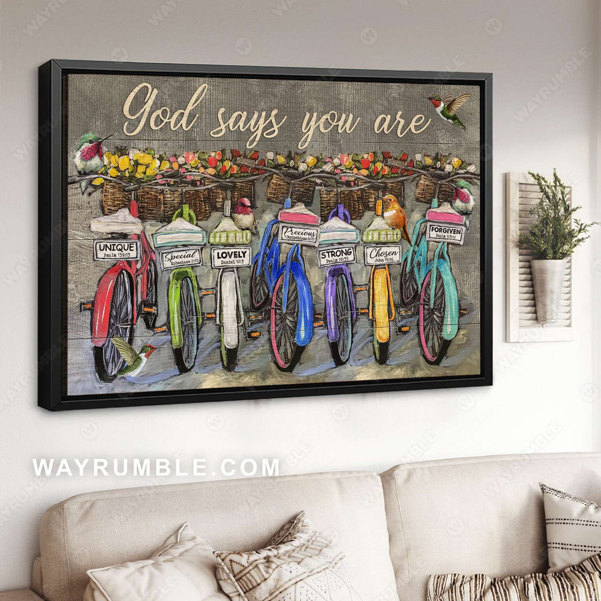 Vintage bike, Tulip flower, Hummingbird, God says you are - Jesus Landscape Canvas Prints, Christian Wall Art