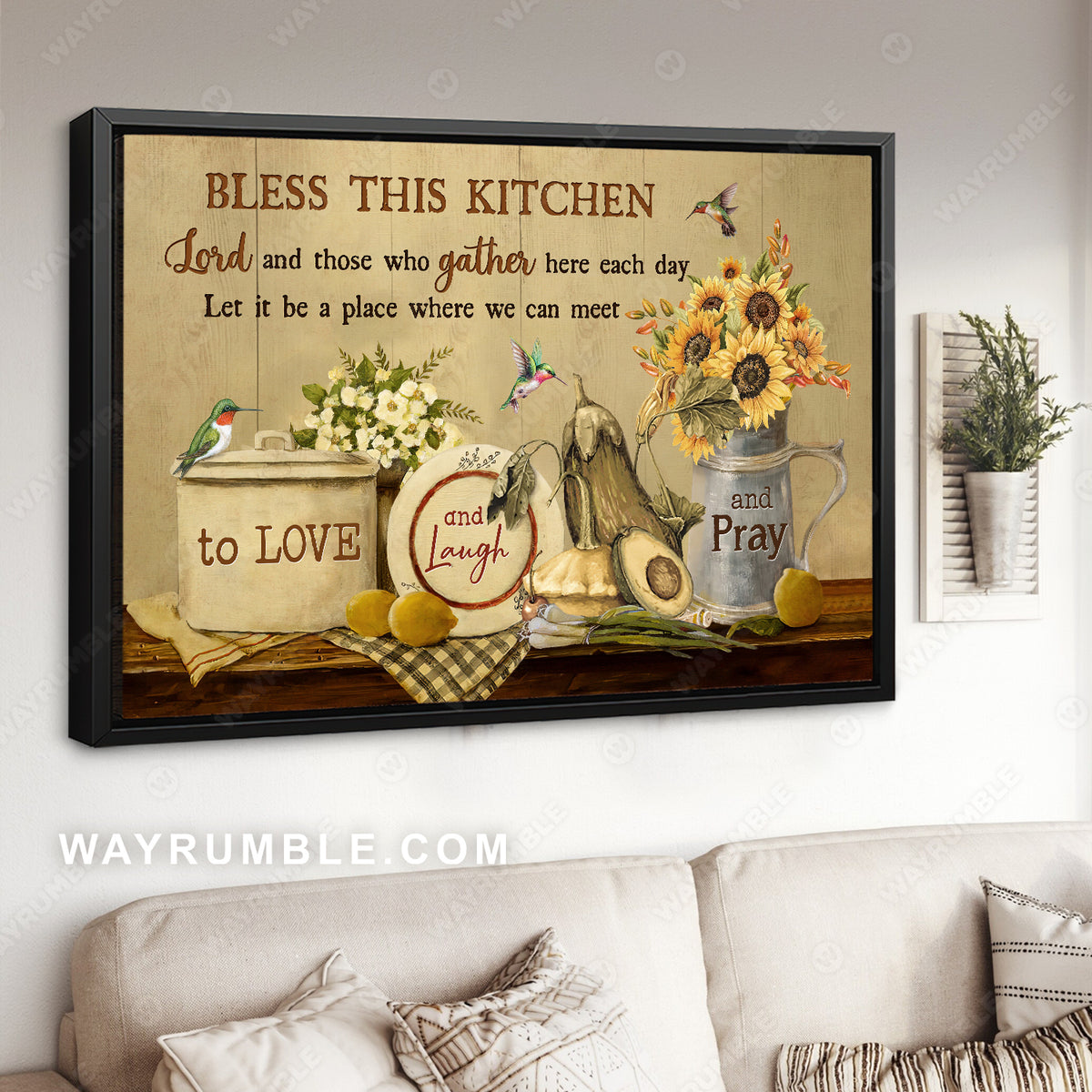 Vintage kitchen, Sunflower vase, Jasmine flower, Bless this kitchen - Jesus Landscape Canvas Prints, Christian Wall Art