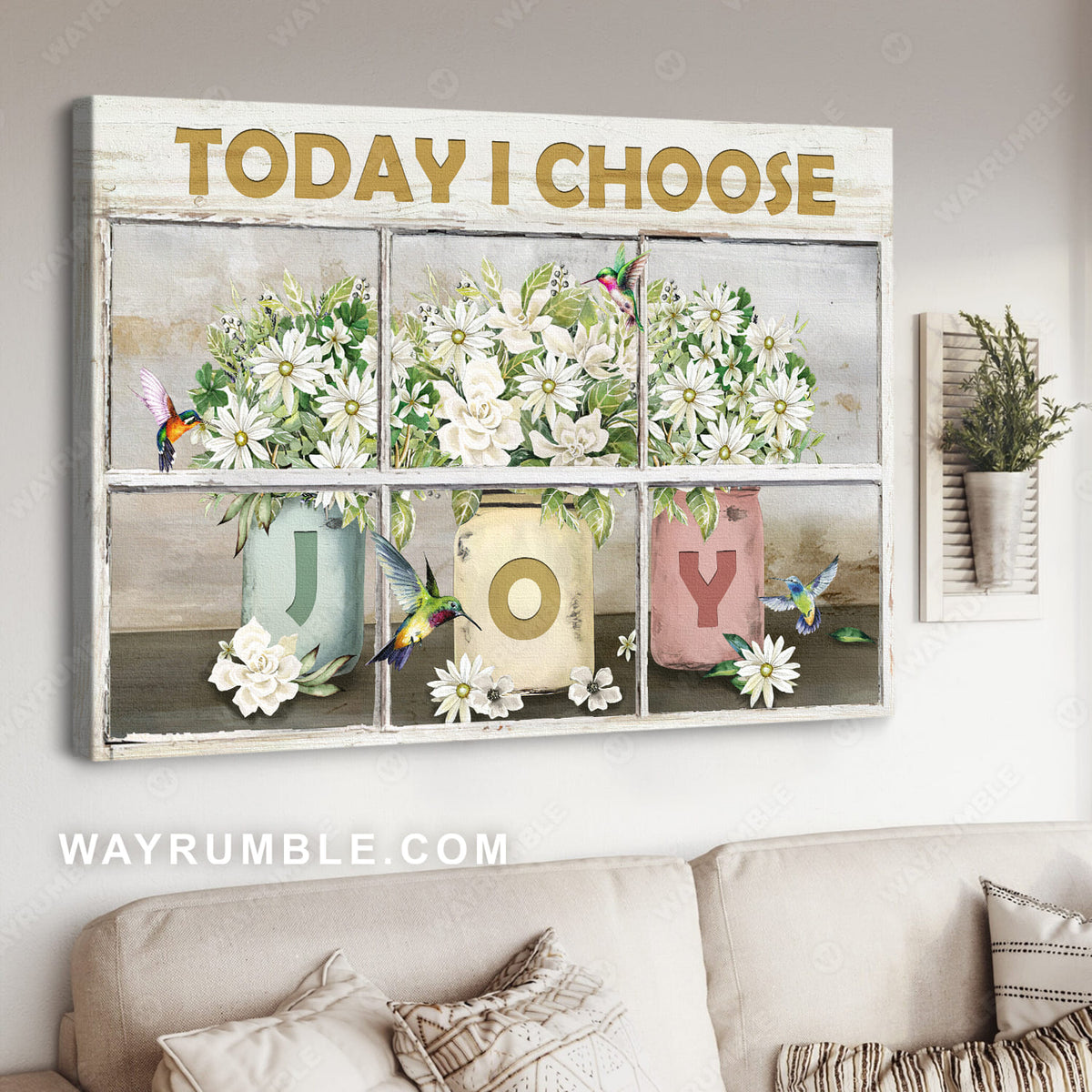 Laurel flowers, White wooden window, Hummingbird drawing, Today I choose joy - Jesus Landscape Canvas Prints, Wall Art