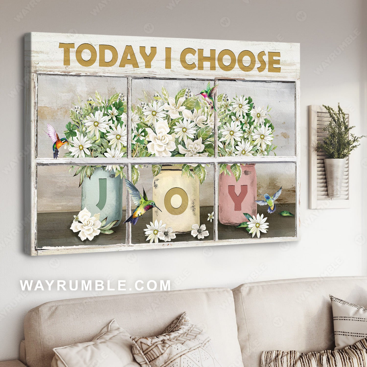 Laurel flowers, White wooden window, Hummingbird drawing, Today I choose joy - Jesus Landscape Canvas Prints, Wall Art
