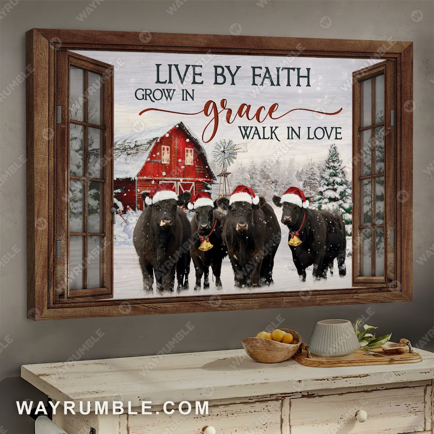 Cow painting, Christmas drawing, Live by faith Grow in grace Walk in love - Jesus Landscape Canvas Prints, Wall Art