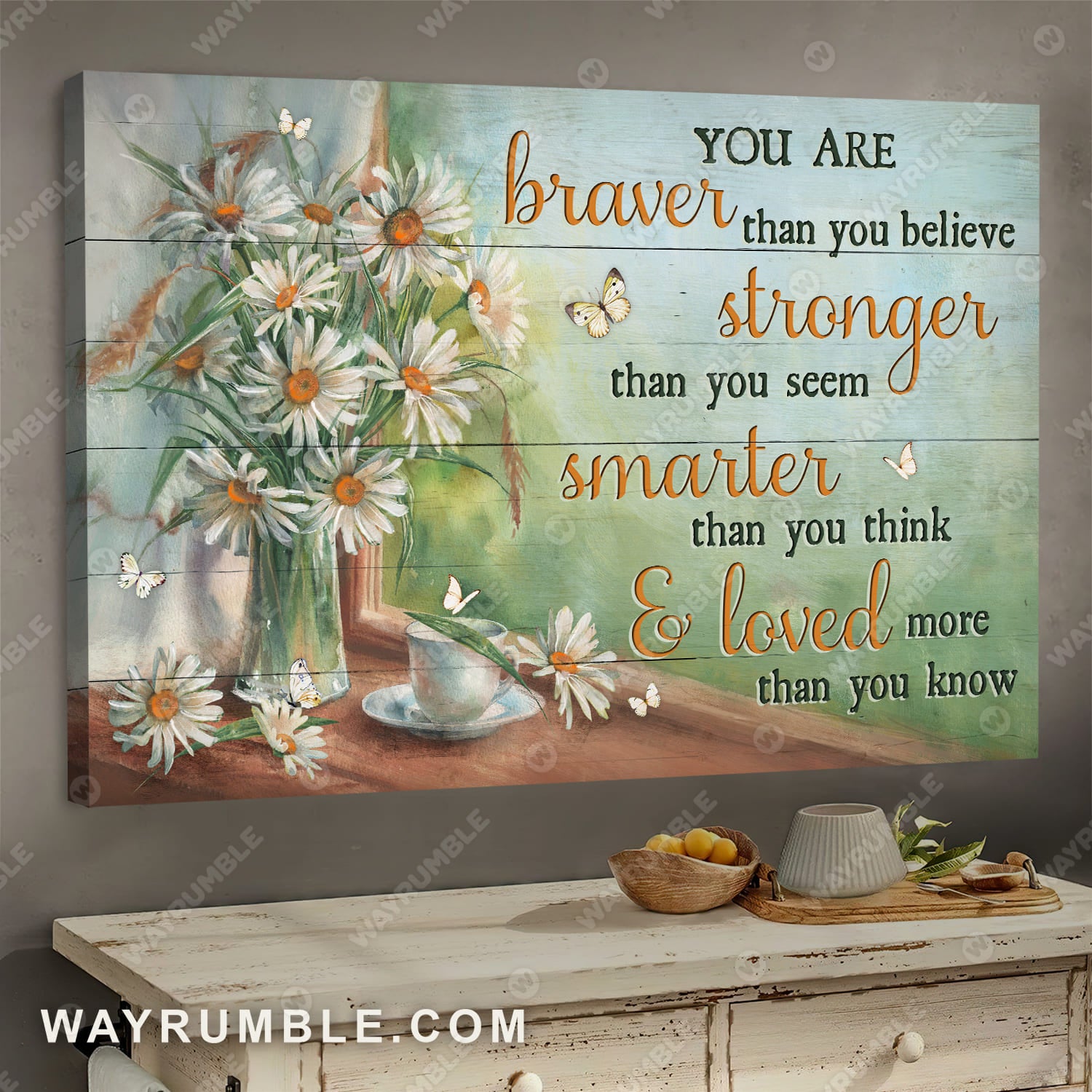 Daisy drawing, Tea cup, Green background, You are braver than you believe - Jesus Landscape Canvas Prints, Wall Art
