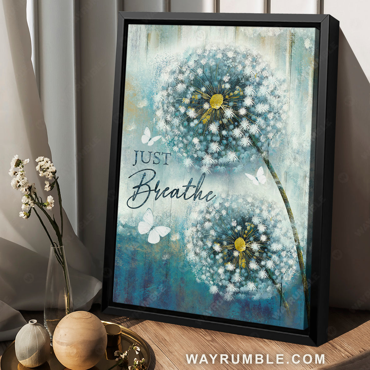 Dandelion painting, White butterfly, Light blue background, Just breath - Jesus Portrait Canvas Prints, Christian Wall Art