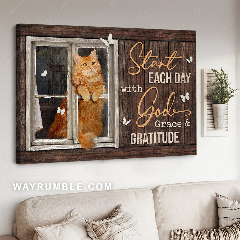 Cat painting, Little cat by the window, Start each day with God - Jesus Landscape Canvas Prints, Christian Wall Art