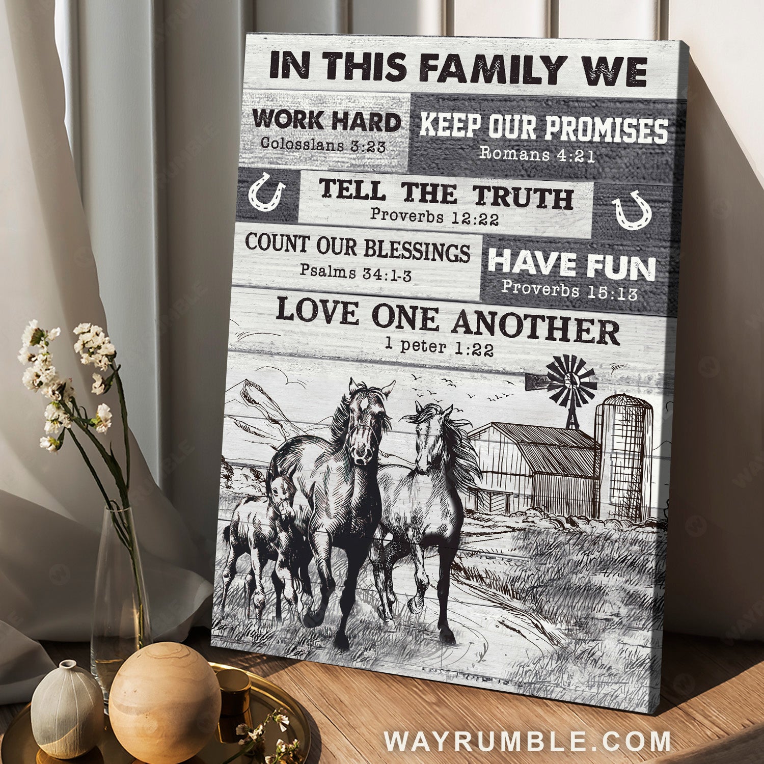 Quarter horses, Black and white drawing, In this family we work hard - Jesus Portrait Canvas Prints, Christian Wall Art