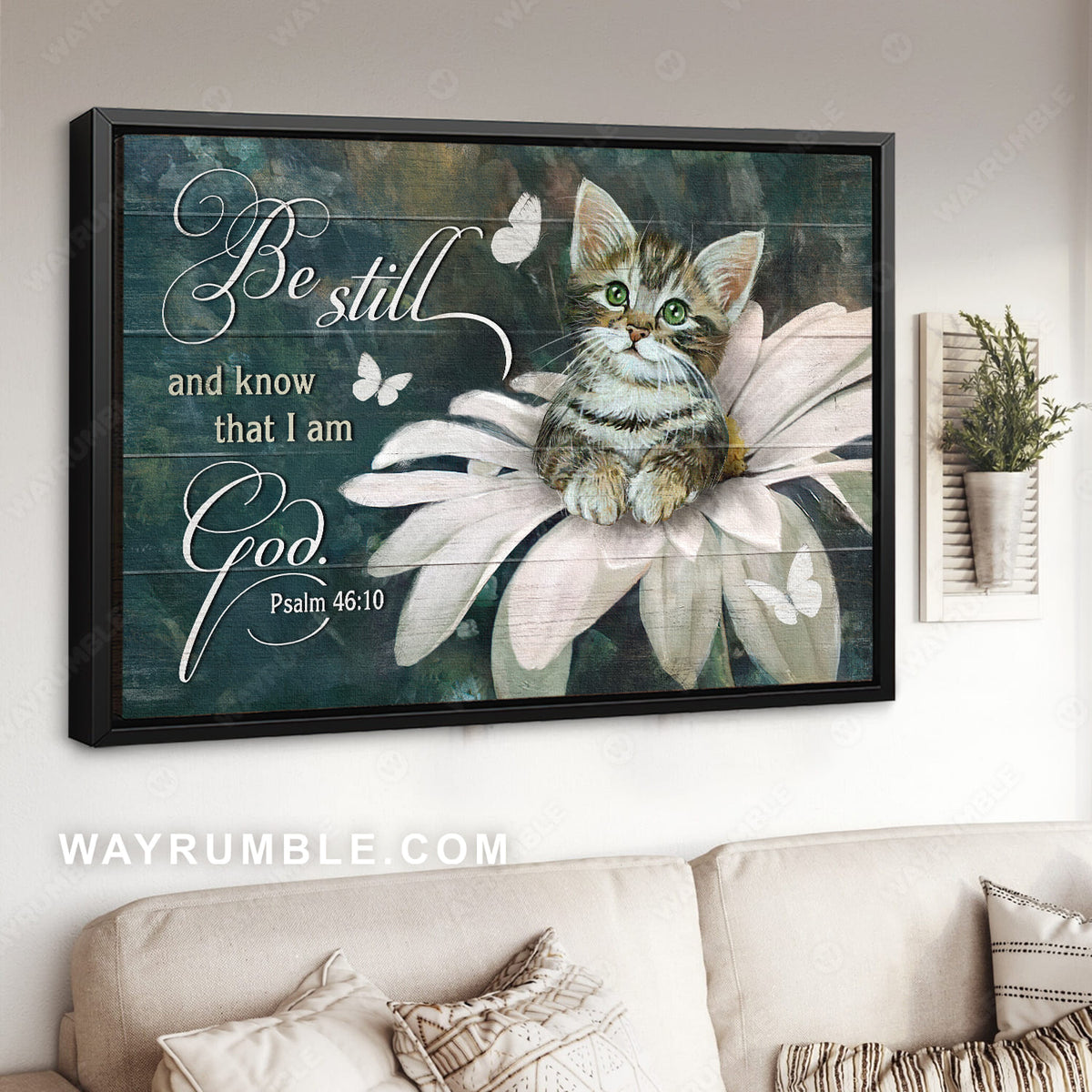 Little cat drawing, White flower, Butterfly, Be still and know that I am God - Jesus Landscape Canvas Prints, Christian Wall Art