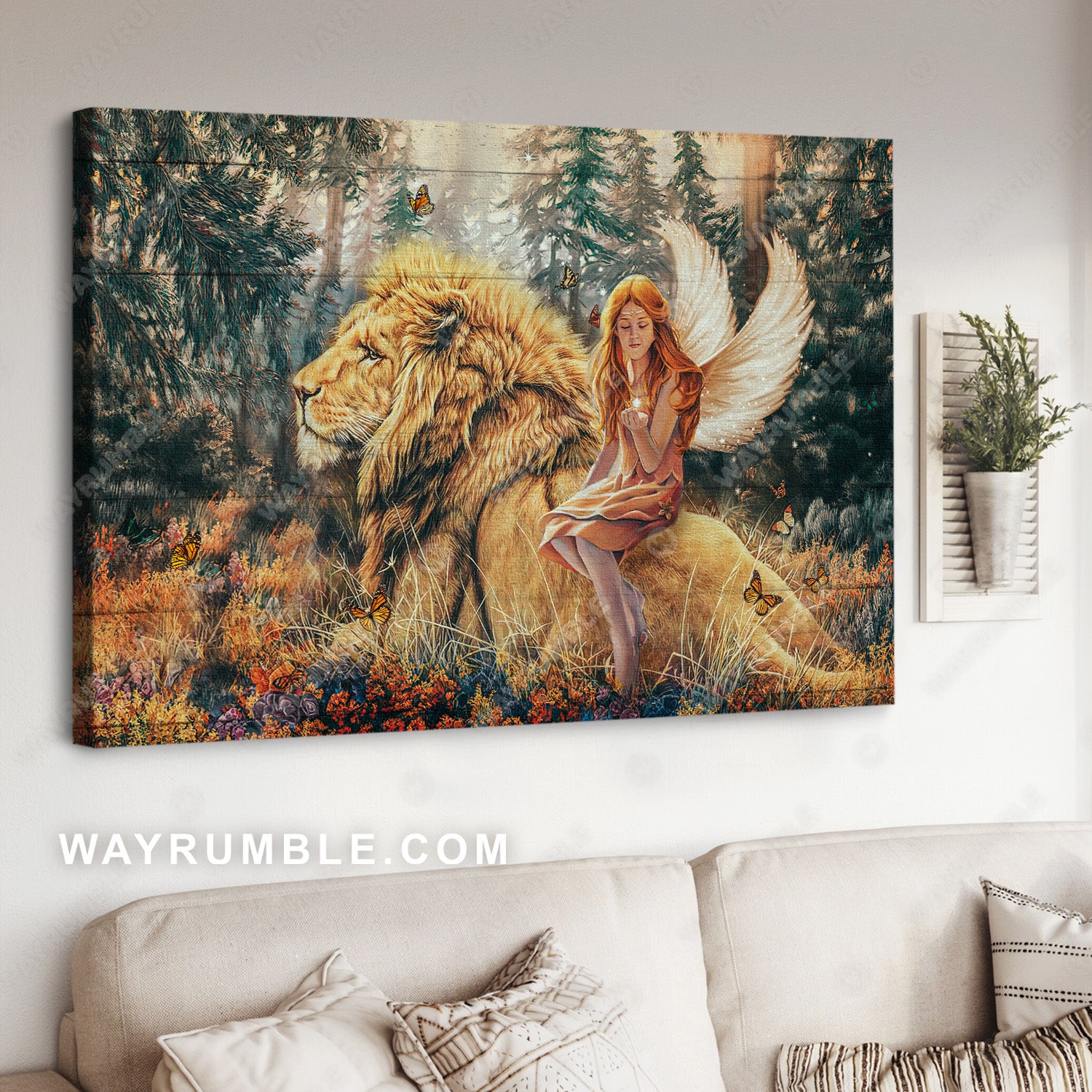 Beautiful fairy, Lion of Judah, Autumn forest - Jesus Landscape Canvas Prints, Christian Wall Art