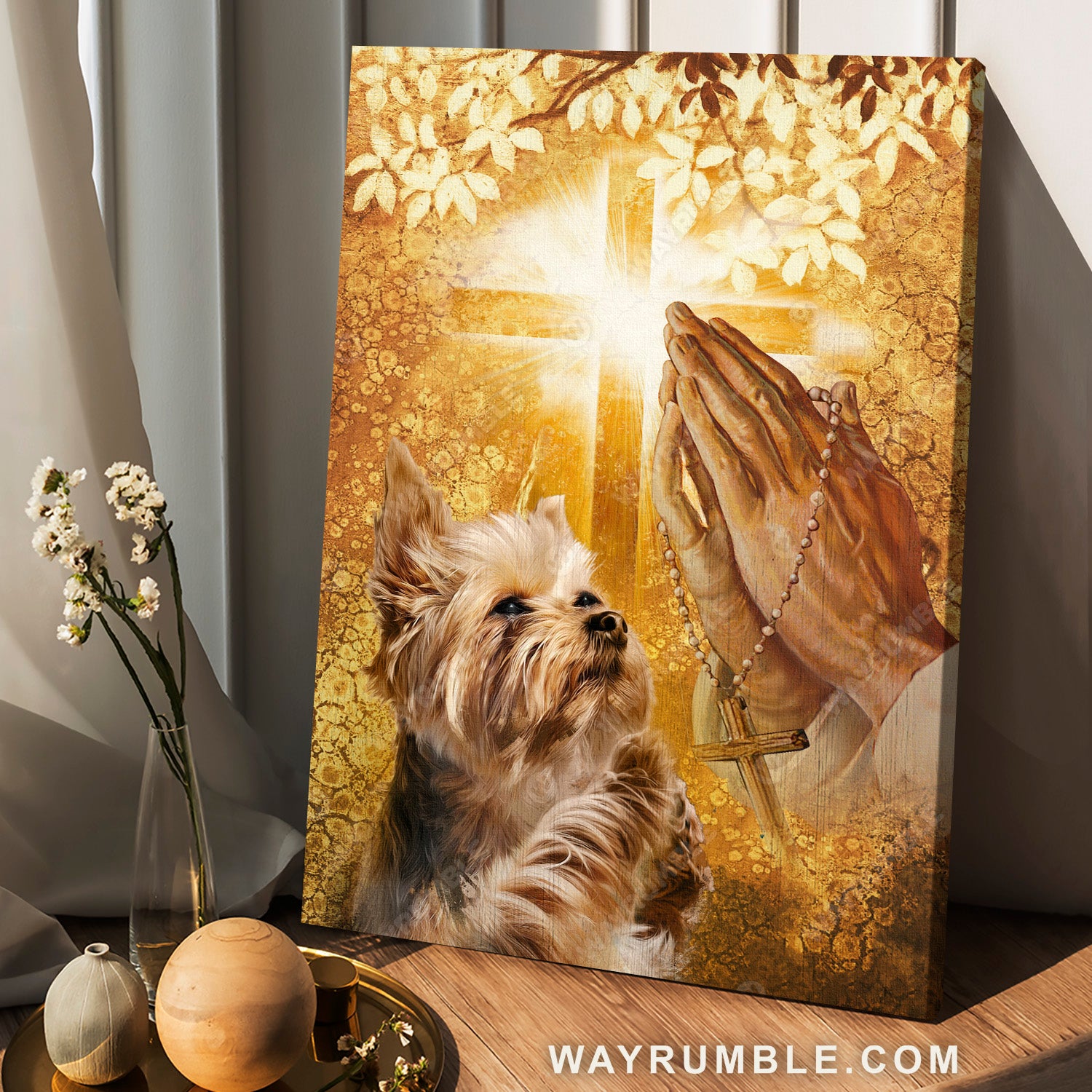 Yorkie terrier, Jesus hand, Praying hand, Light cross - Jesus Portrait Canvas Prints, Christian Wall Art