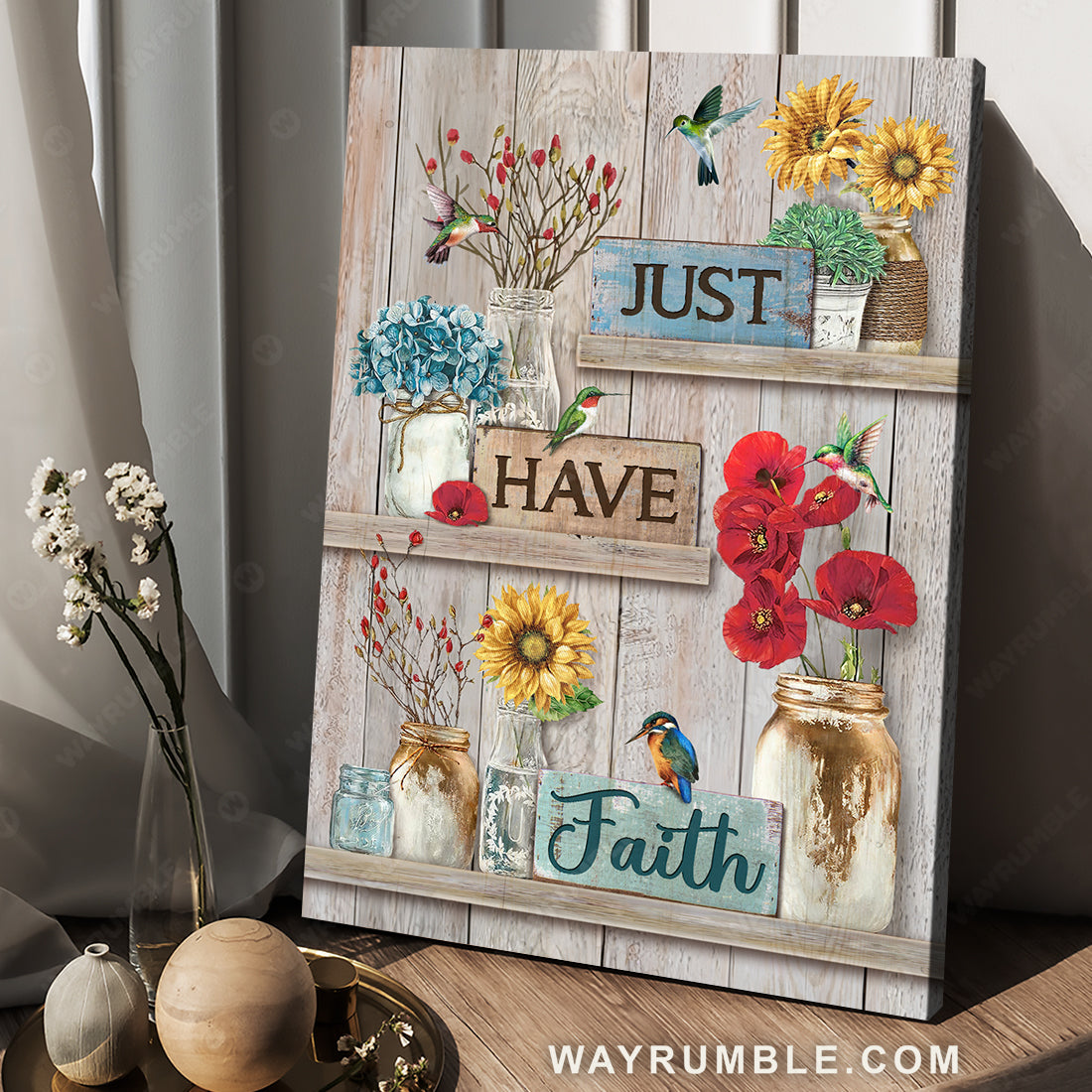 Beautiful poppy, Pretty sunflower, Hummingbird, Just have faith - Jesus Portrait Canvas Prints, Christian Wall Art