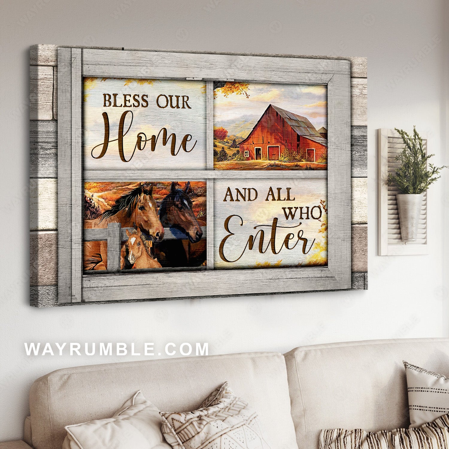 Brown horses, Vintage house, Bless our home and all who enter - Jesus Landscape Canvas Prints, Christian Wall Art