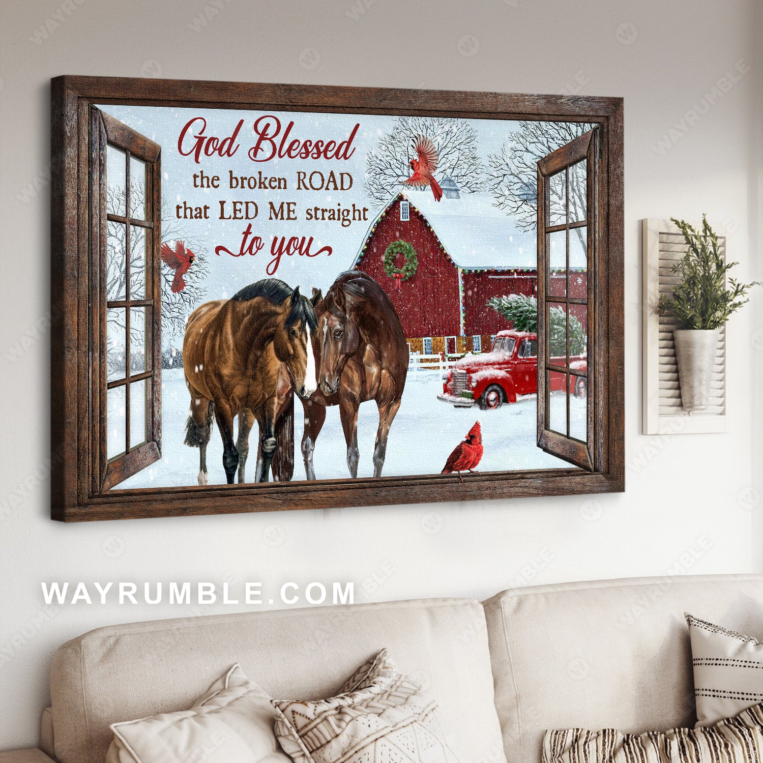 Brown horses, Christmas is coming, Cardinal, God blessed the broken road - Jesus Landscape Canvas Prints, Home Decor Wall Art