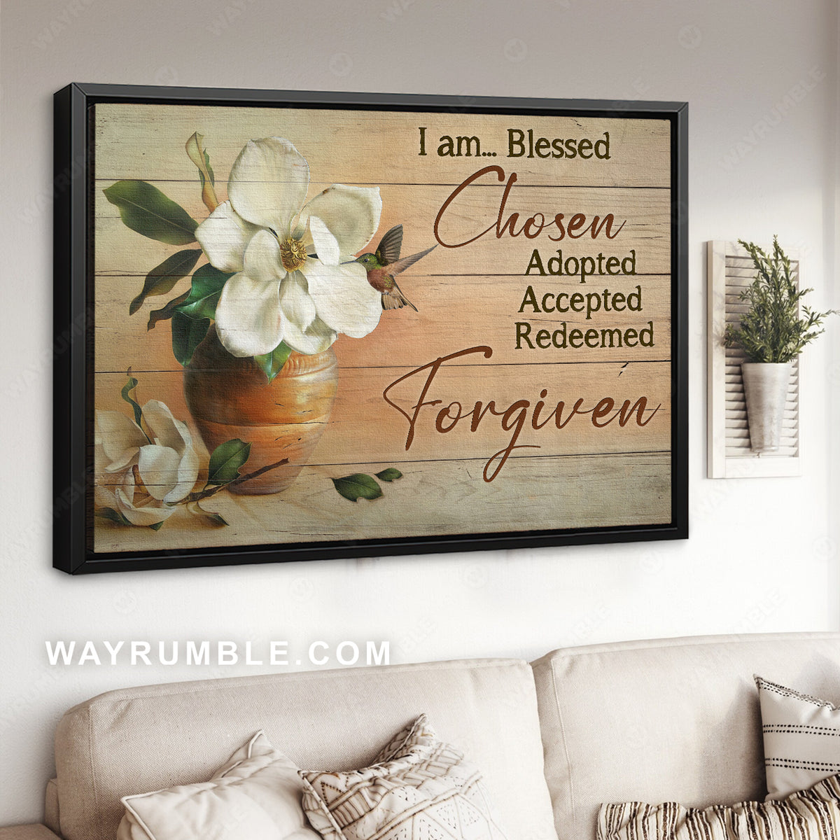 Jasmine flower, Hummingbird, Ceramic vase, I am blessed - Jesus Landscape Canvas Prints, Christian Wall Art