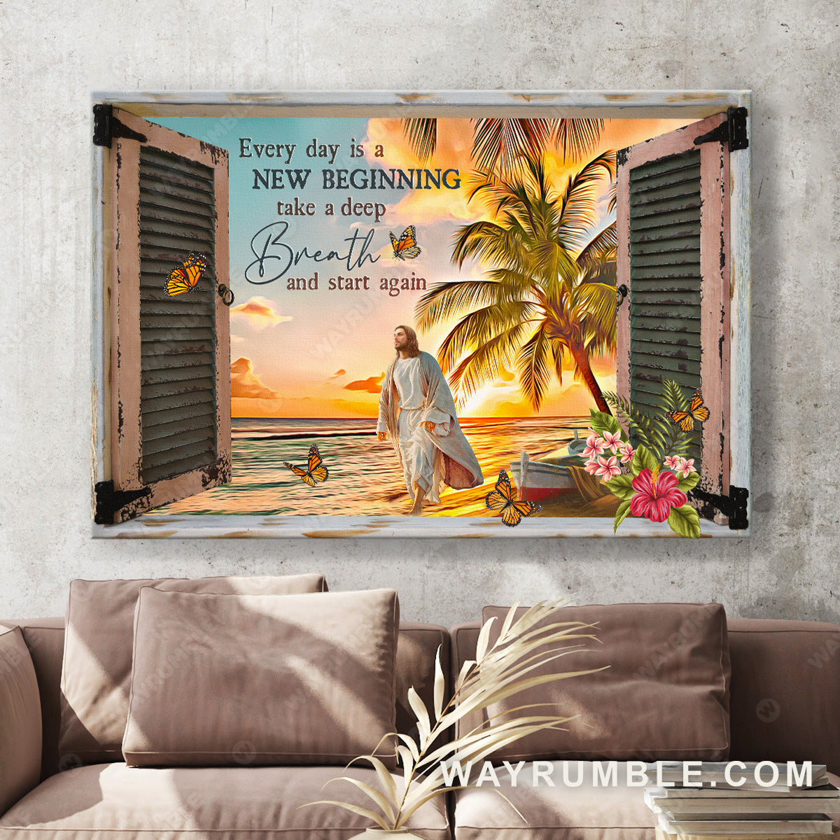 Jesus walk, Sunrise beach, Window frame, Every day is a new beginning - Jesus Landscape Canvas Prints, Christian Wall Art
