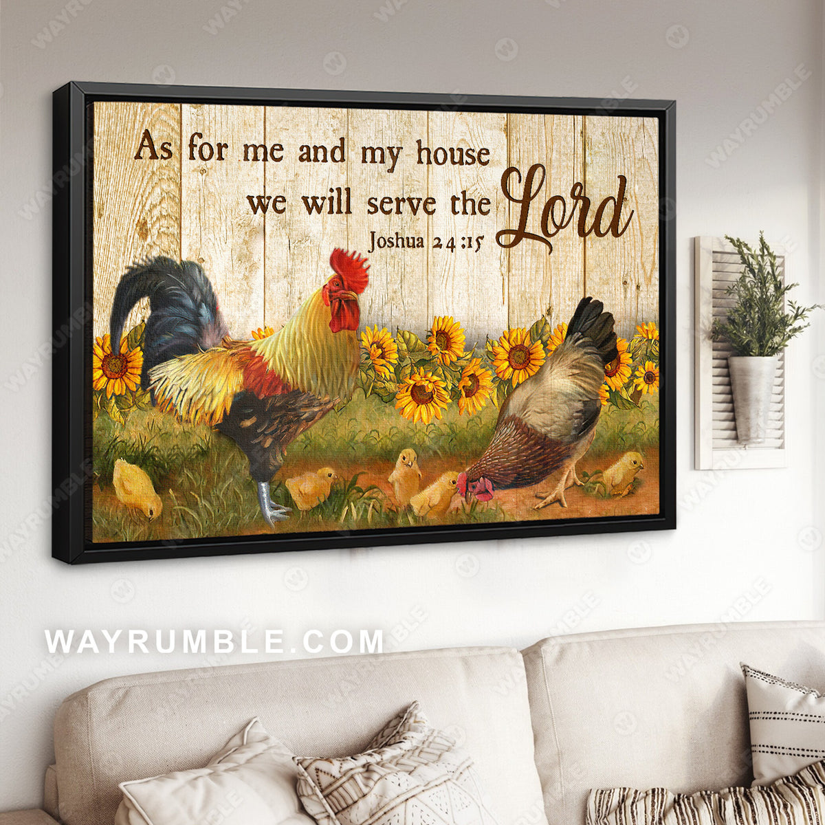 Chicken couple, Sunflower painting, Countryside painting, Me and my house will serve the Lord - Jesus Landscape Canvas Prints, Christian Wall Art
