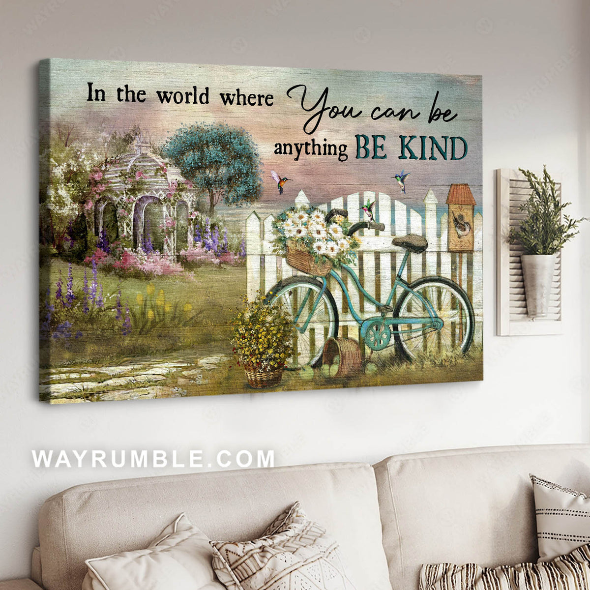 Bicycle drawing, Daisy flower, Wicker baskets, Pergola with wisteria, Be kind - Jesus Landscape Canvas Prints, Christian Wall Art