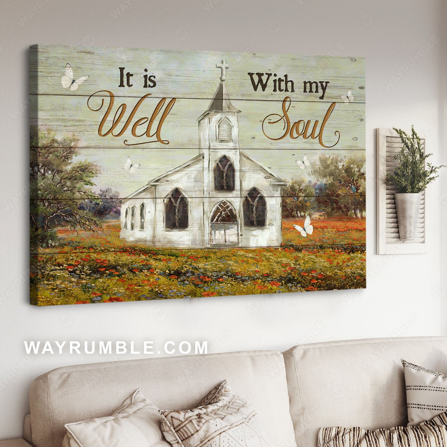 Church painting, Flower garden, It is well with my soul - Jesus Landscape Canvas Prints, Christian Wall Art