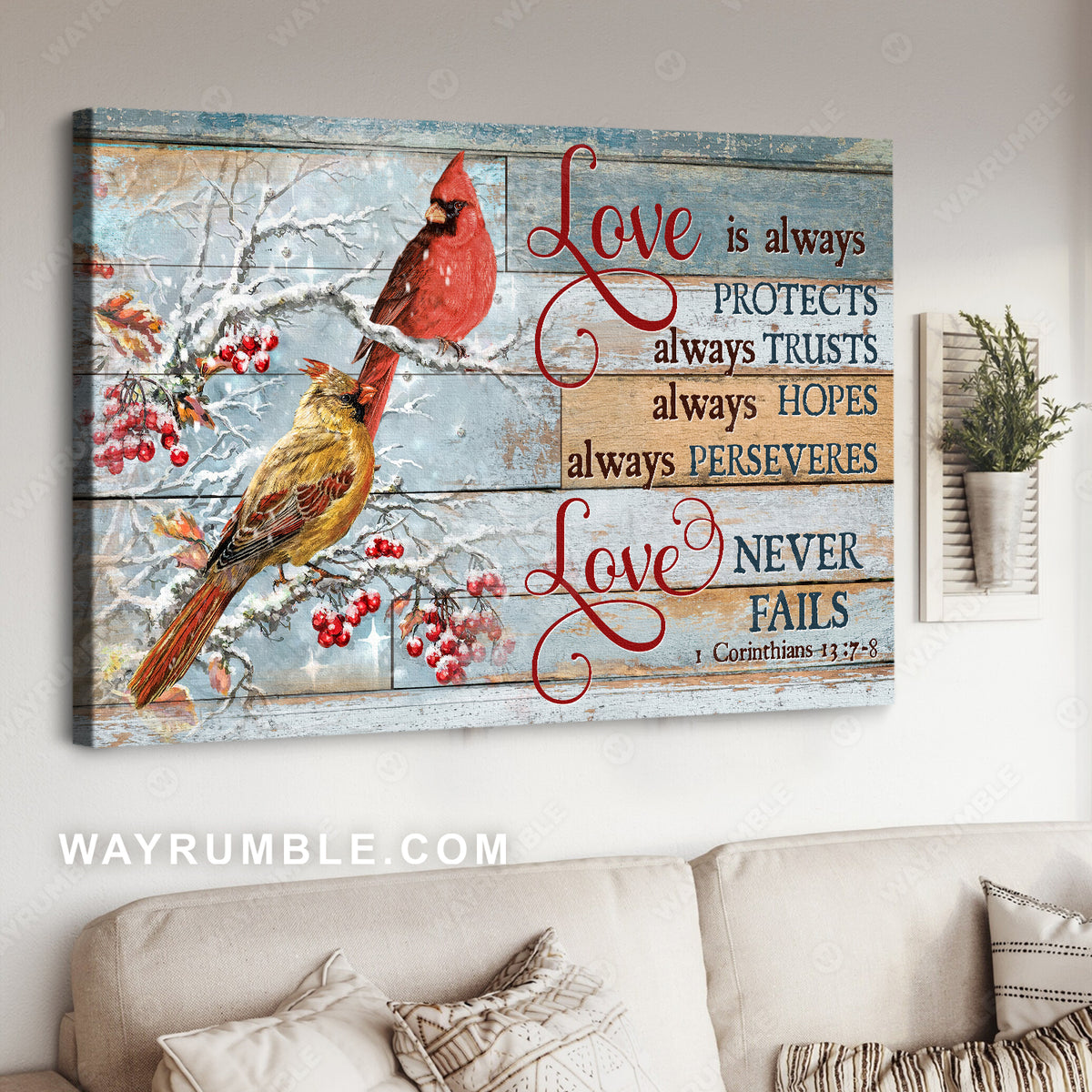 Winter forest, Lucky cardinal, Fresh cranberry, Love is always protects - Jesus Landscape Canvas Prints, Home Decor Wall Art