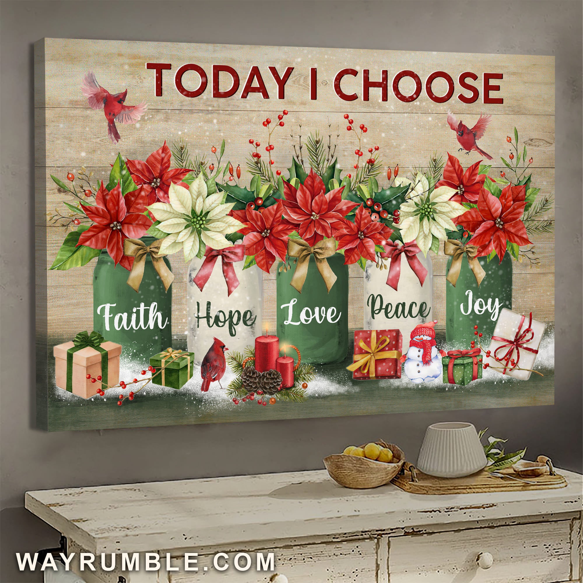 Flower vase, Poinsettia, Christmas, Cardinal, Today I choose love - Jesus Landscape Canvas Prints, Wall Art