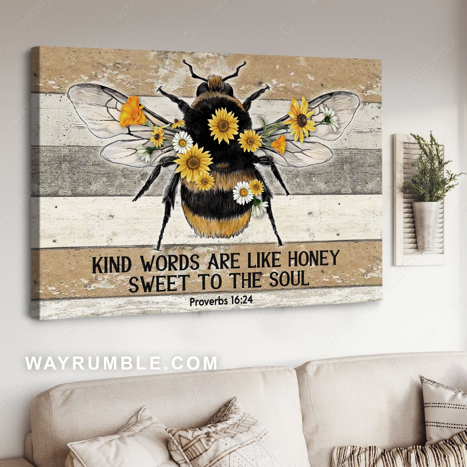 Honeybee drawing, Sunflower painting, Kind words are like honey - Jesus Landscape Canvas Prints, Christian Wall Art