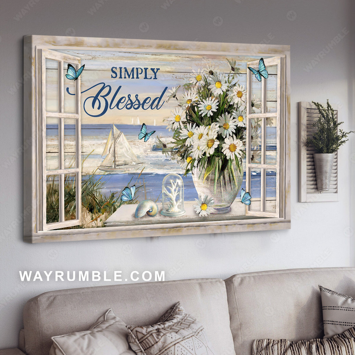 Beautiful beach, Daisy vase, Summer painting, Simply blessed - Jesus Landscape Canvas Prints, Home Decor Wall Art