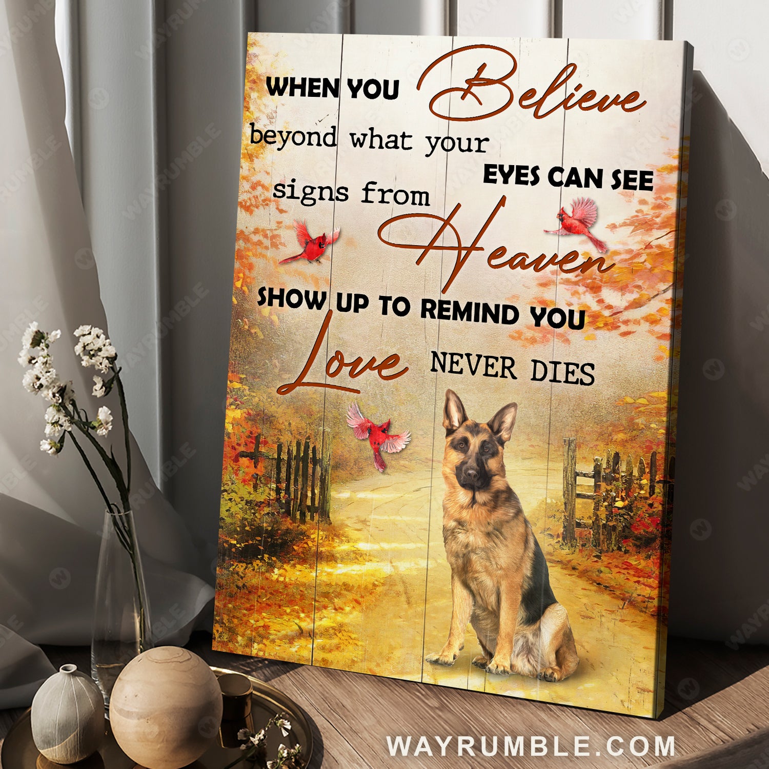 Autumn forest, German shepherd, Signs from heaven show up to remind love never dies - Jesus Portrait Canvas Prints, Christian Wall Art