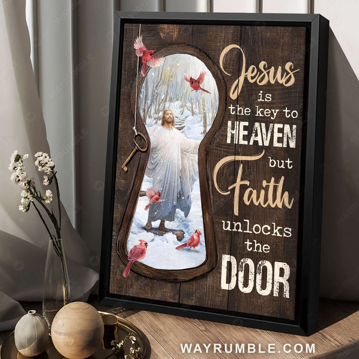 Jesus Christ, Northern cardinal, Winter forest, Jesus is the key to heaven - Jesus Portrait Canvas Prints, Christian Wall Art