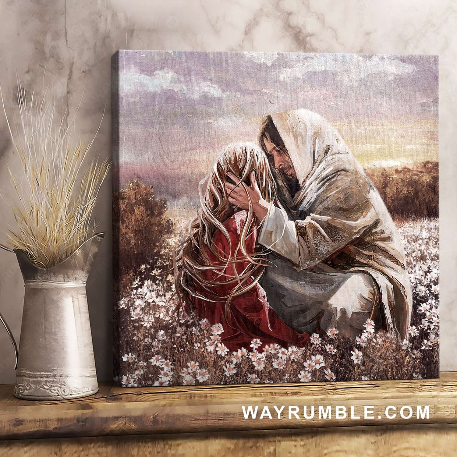 Jesus painting, Beautiful girl, Flower field, Jesus is always with you - Jesus Square Canvas Prints, Christian Wall Art