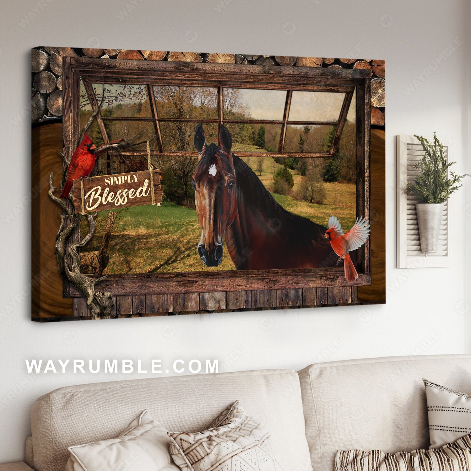 Horse drawing, Window frame, Simply Blessed, A beautiful sunny day - Jesus Landscape Canvas Prints, Christian Wall Art