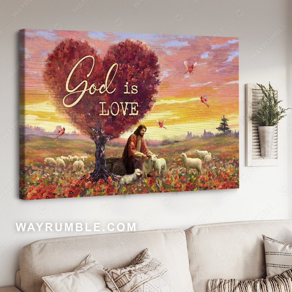 Flower field, Meadow landscape, Jesus and the lamb of God, God is love - Jesus Landscape Canvas Prints, Christian Wall Art