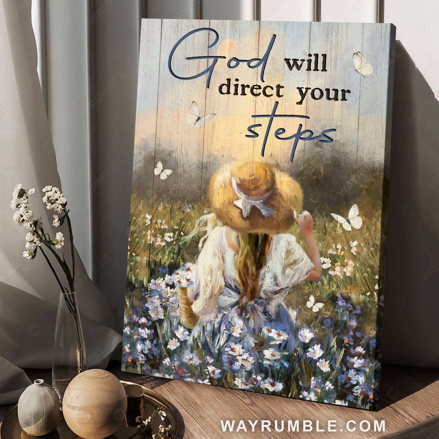 Little girl, Daisy field, Floppy hat, God will direct your steps - Jesus Portrait Canvas Prints, Christian Wall Art