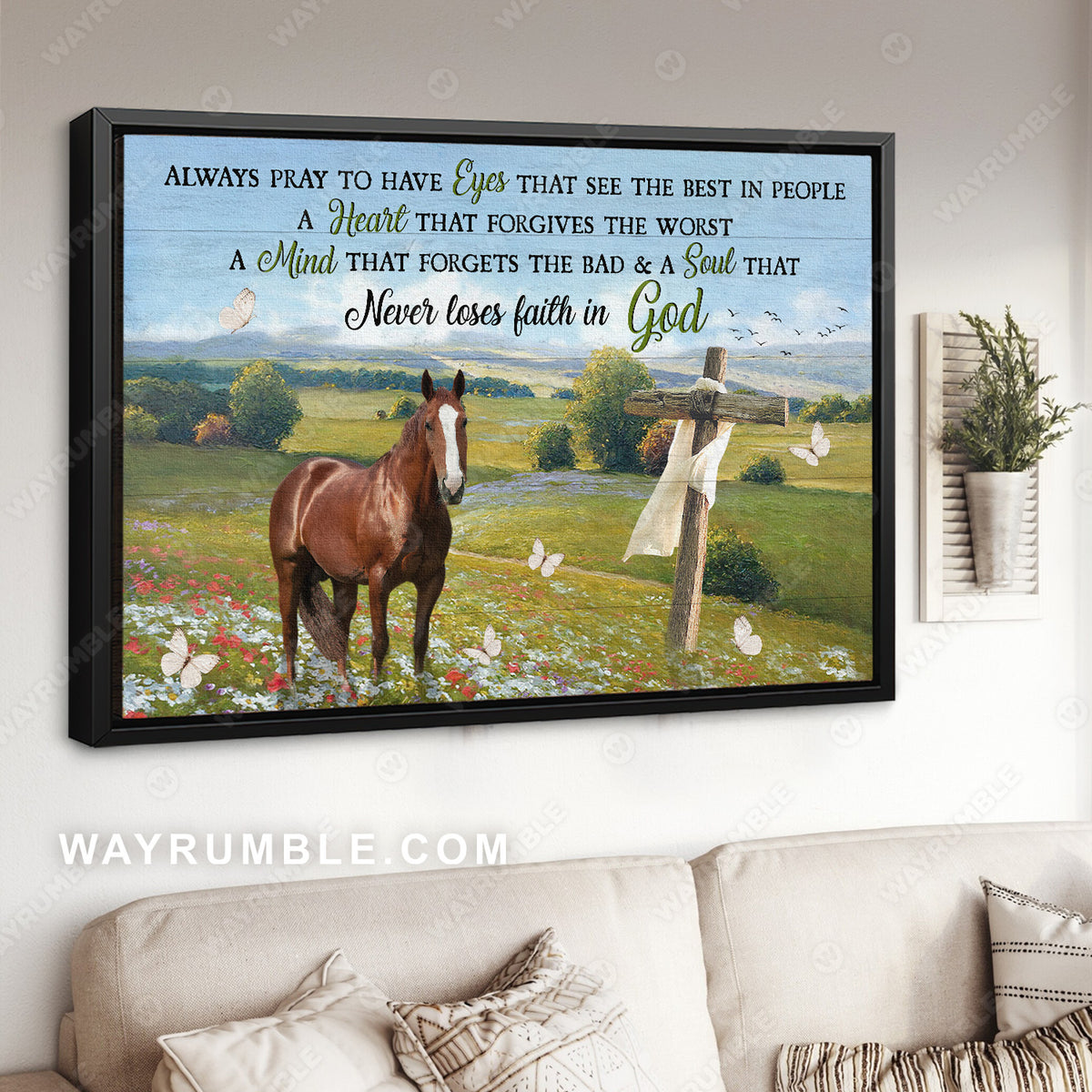 Green meadow land, Quarter horse, Cross, Never loses faith in God - Jesus Landscape Canvas Prints, Christian Wall Art