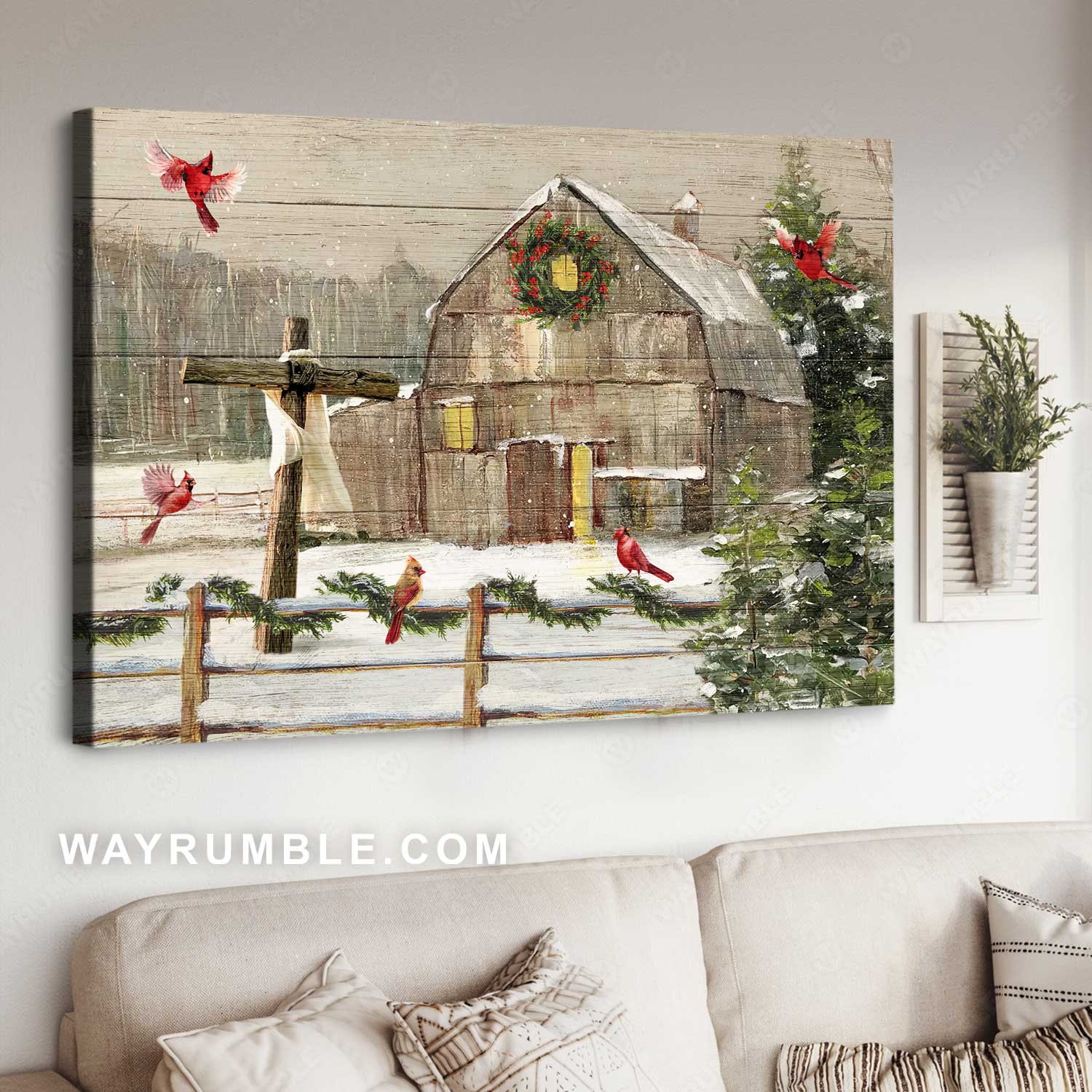 Antique house, Christmas wreath, Red cardinal, Winter painting - Jesus Landscape Canvas Prints, Home Decor Wall Art