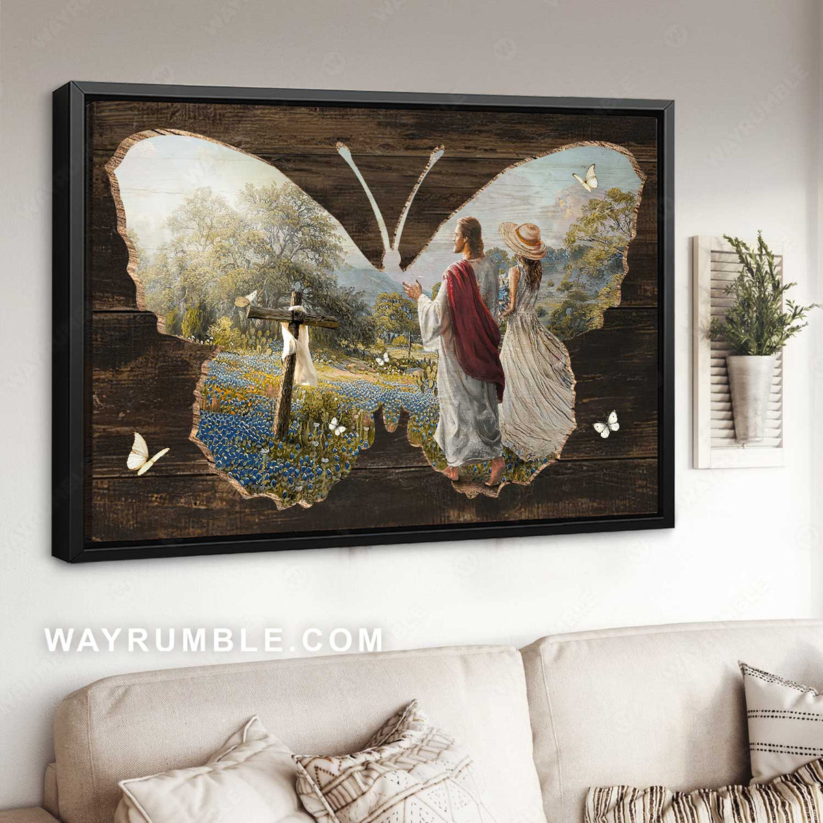 Butterfly frame, Jesus painting, Beautiful girl, Wooden cross - Jesus Landscape Canvas Prints, Home Decor Wall Art