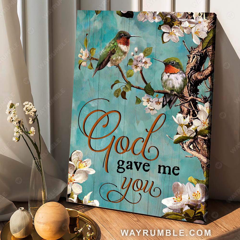 Hummingbird painting, White cherry blossom, God gave me you - Jesus Portrait Canvas Prints, Christian Wall Art