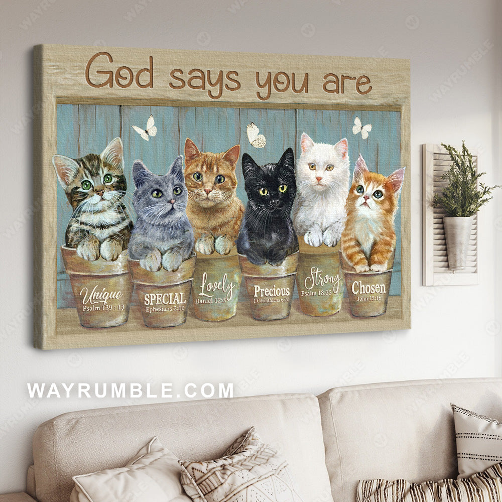 Cat drawing, White butterfly, Pastel background, God says you are unique - Jesus Landscape Canvas Prints, Christian Wall Art