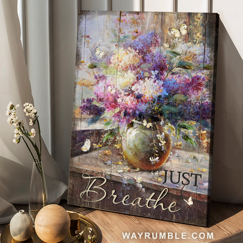 Lavender vase, Vintage flower, Still life painting, Just breathe - Jesus Portrait Canvas Prints, Christian Wall Art