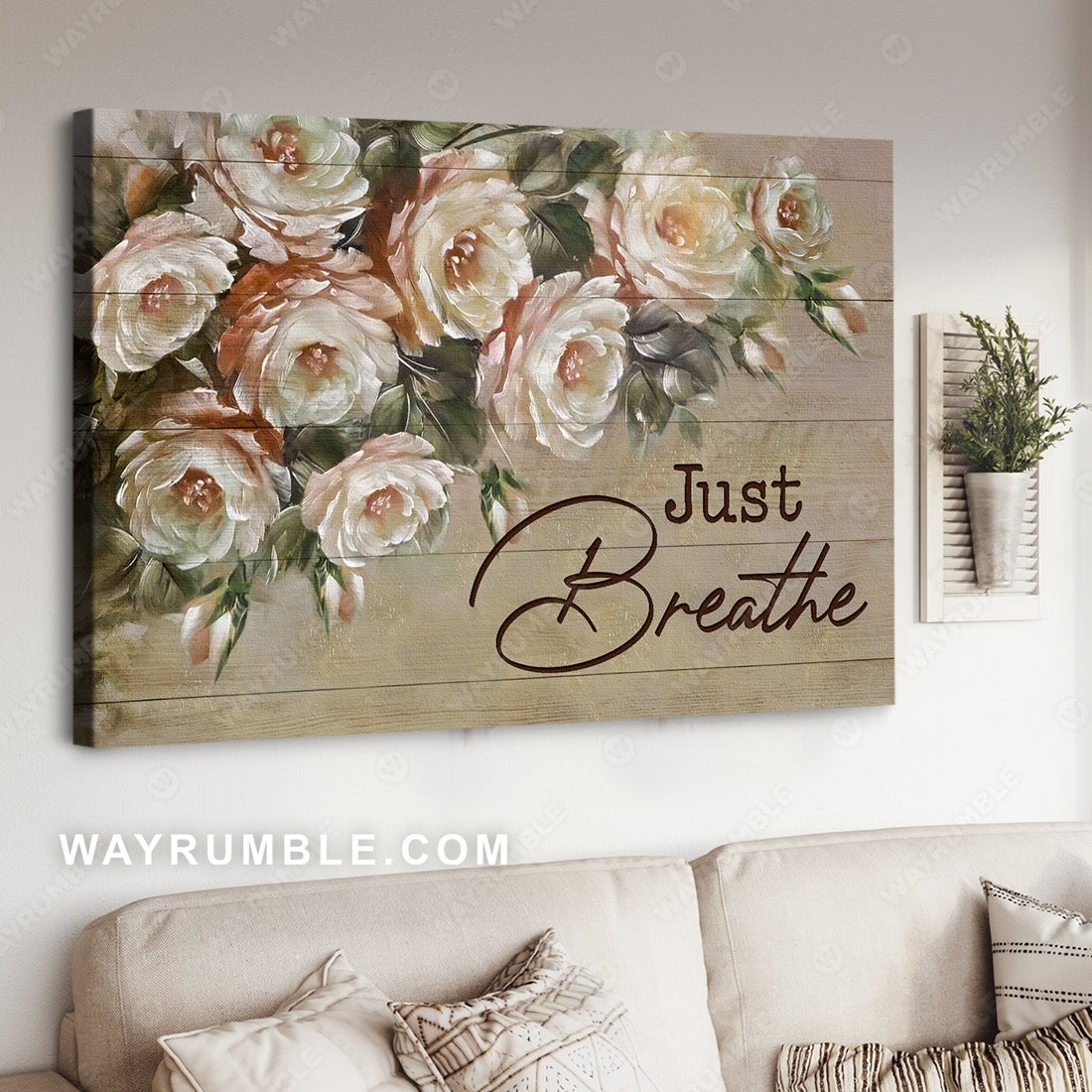 Light pink rose garden, Flower painting, Just breathe - Jesus Landscape Canvas Prints, Christian Wall Art