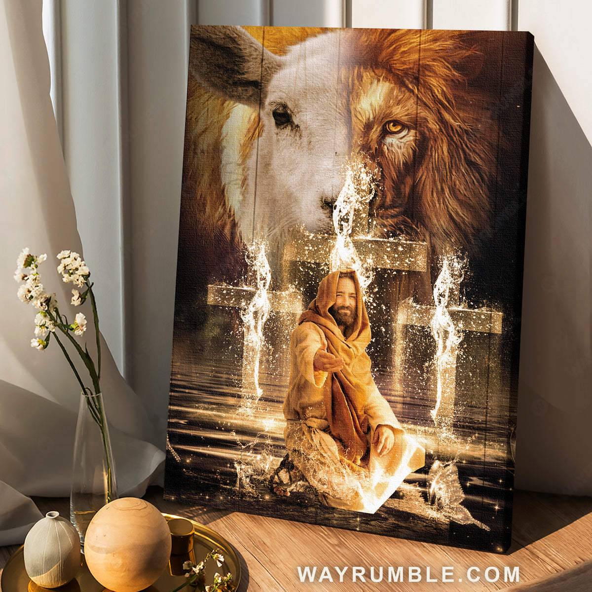 Stunning cross, Big lion, Amazing lamb, Beautiful Jesus painting - Jesus Portrait Canvas Prints, Home Decor Wall Art