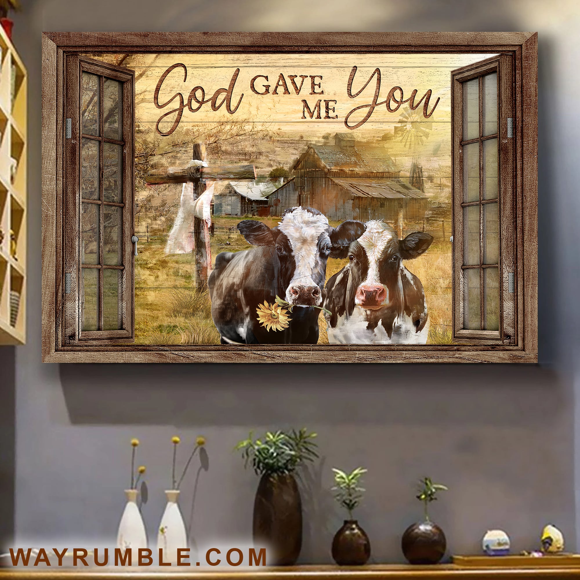  Cows on farm, Wooden Cross, Peaceful farm, Window frame, God gave me you - Jesus Landscape Canvas Prints, Wall Art