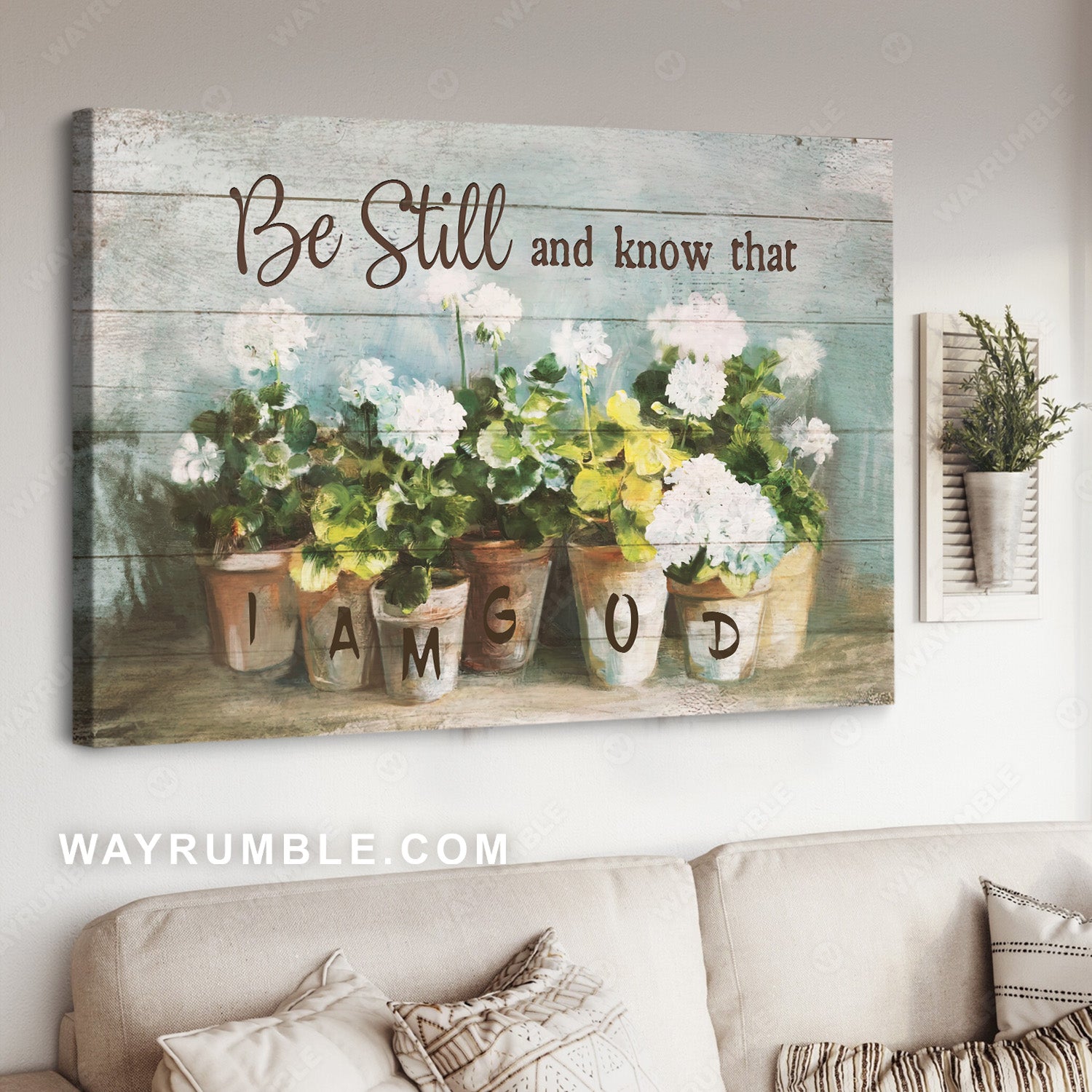 White flower painting, Hydrangea pot, Be still and know that I am God - Jesus Landscape Canvas Prints, Christian Wall Art