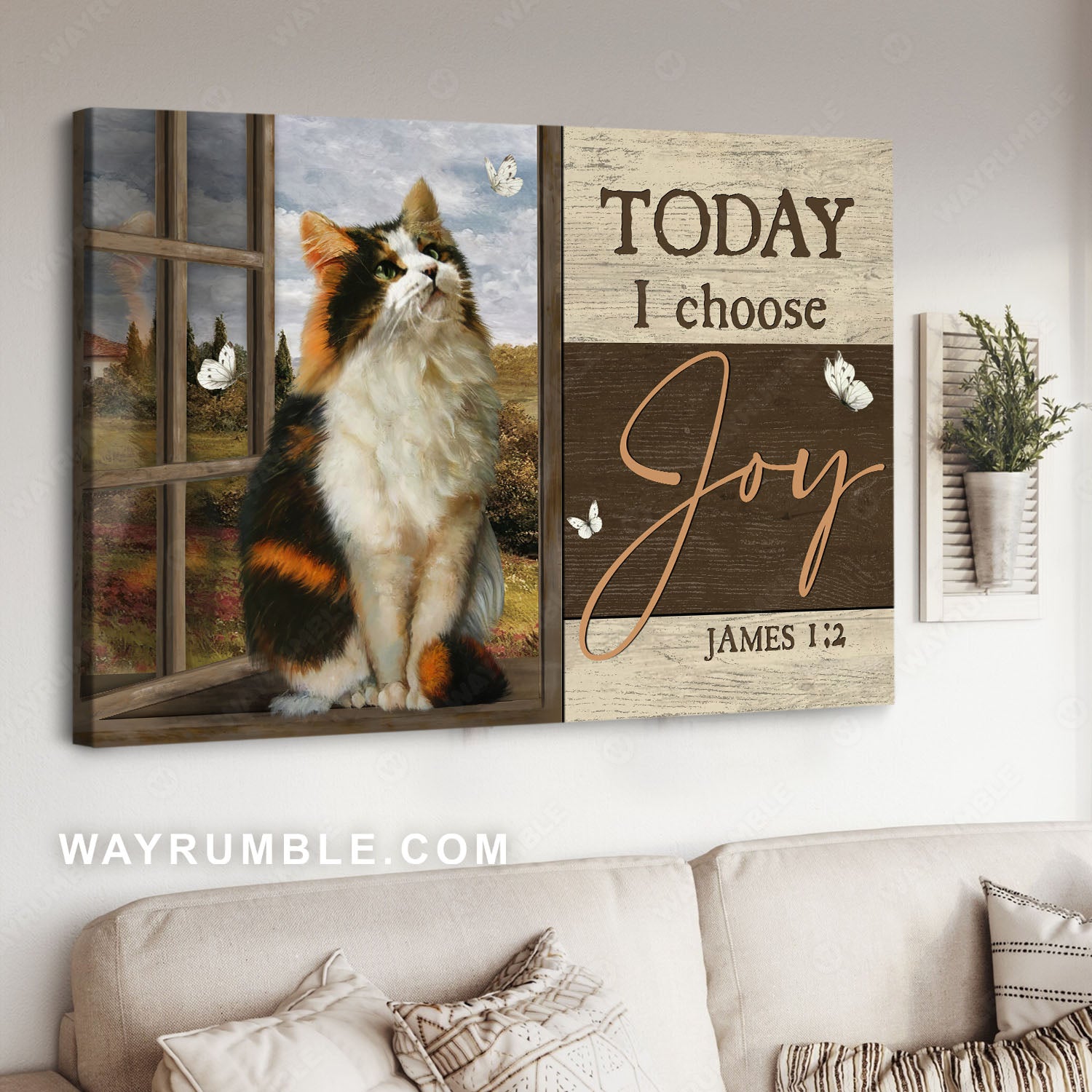 Calico cat, Cat sitting, Window view, Today I choose joy - Jesus Landscape Canvas Prints, Christian Wall Art