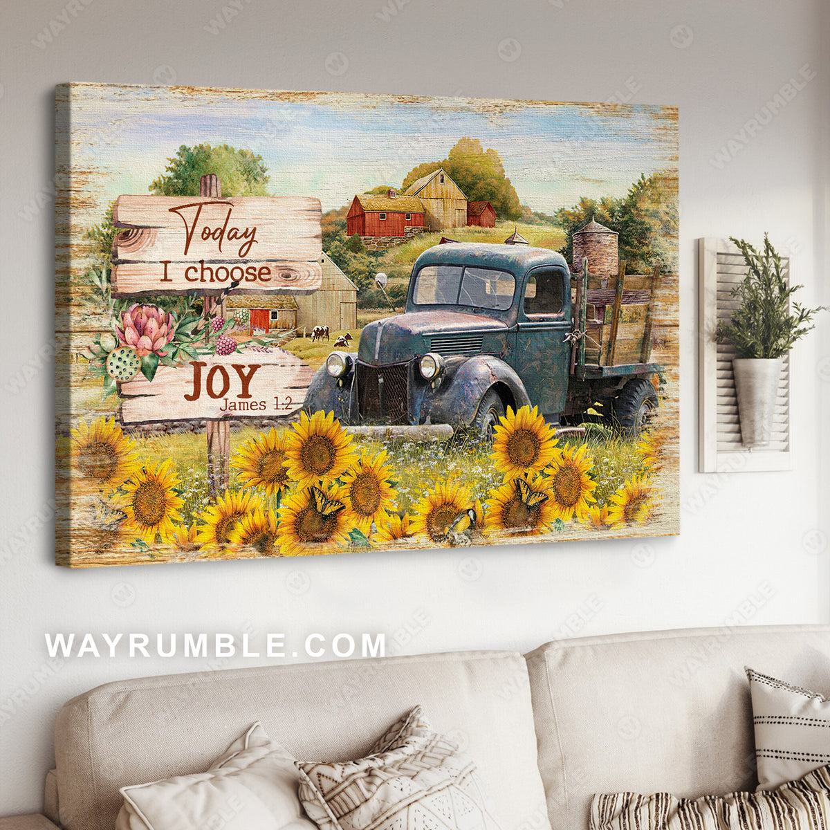 Sunflower garden, Semitruck painting, Summer farm, Today I choose joy - Jesus Landscape Canvas Prints, Christian Wall Art