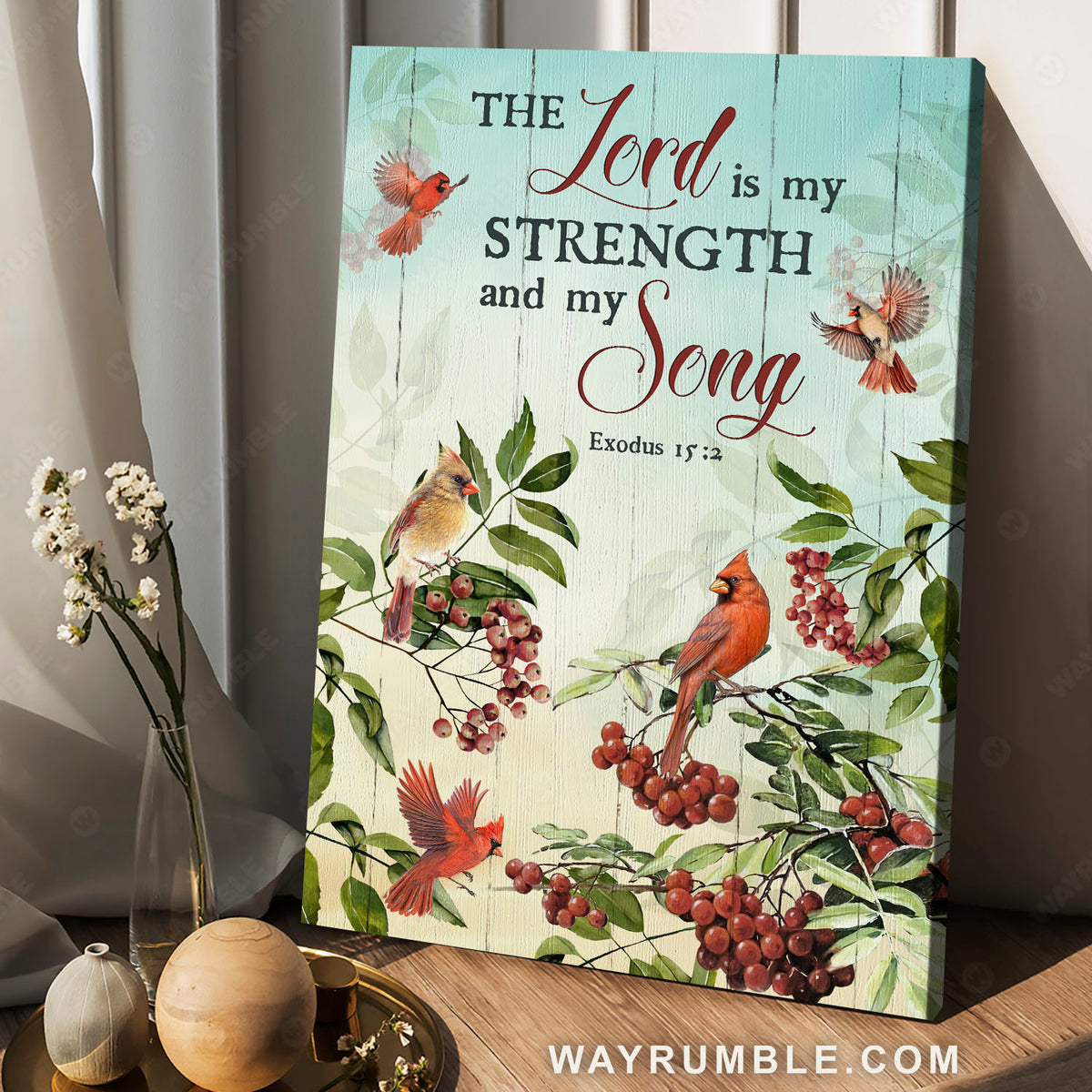 Male and female cardinals, Cranberry tree, The Lord is my strength - Jesus Portrait Canvas Prints, Christian Wall Art