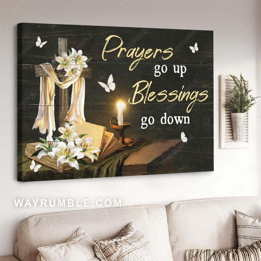 Candle drawing, White lily flower, Wooden cross, Prayers go up, Blessings go down - Jesus Landscape Canvas Prints, Wall Art