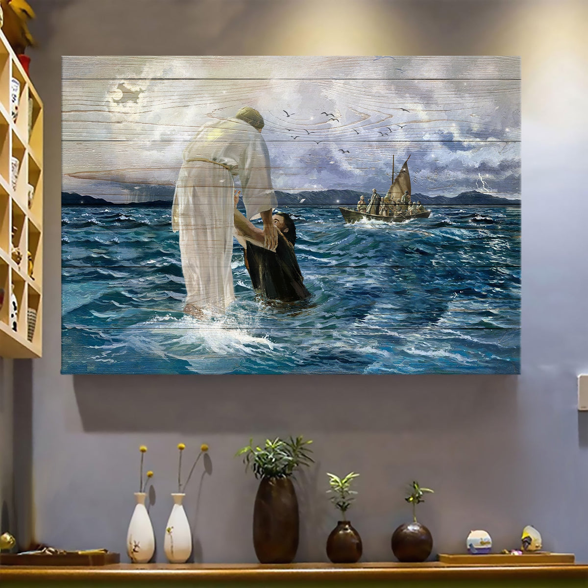 Ocean, He saves us - Jesus Landscape Canvas Prints, Wall Art