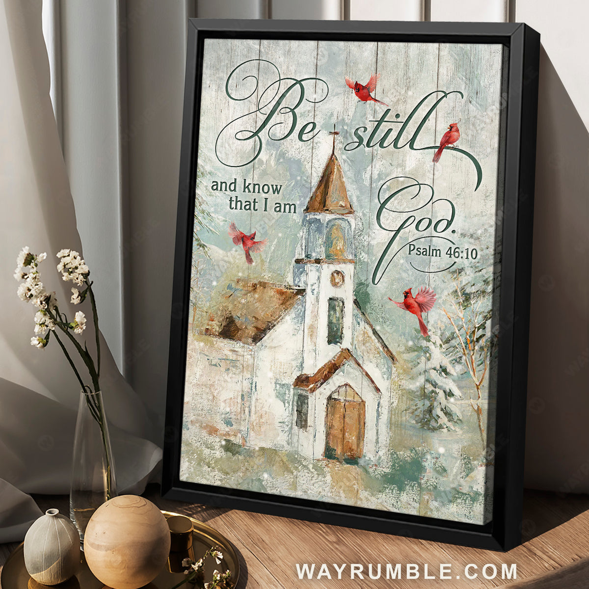 Winter painting, Lovely cardinal, Beautiful Church, Be still and know that I am God - Jesus Portrait Canvas Prints, Christian Wall Art