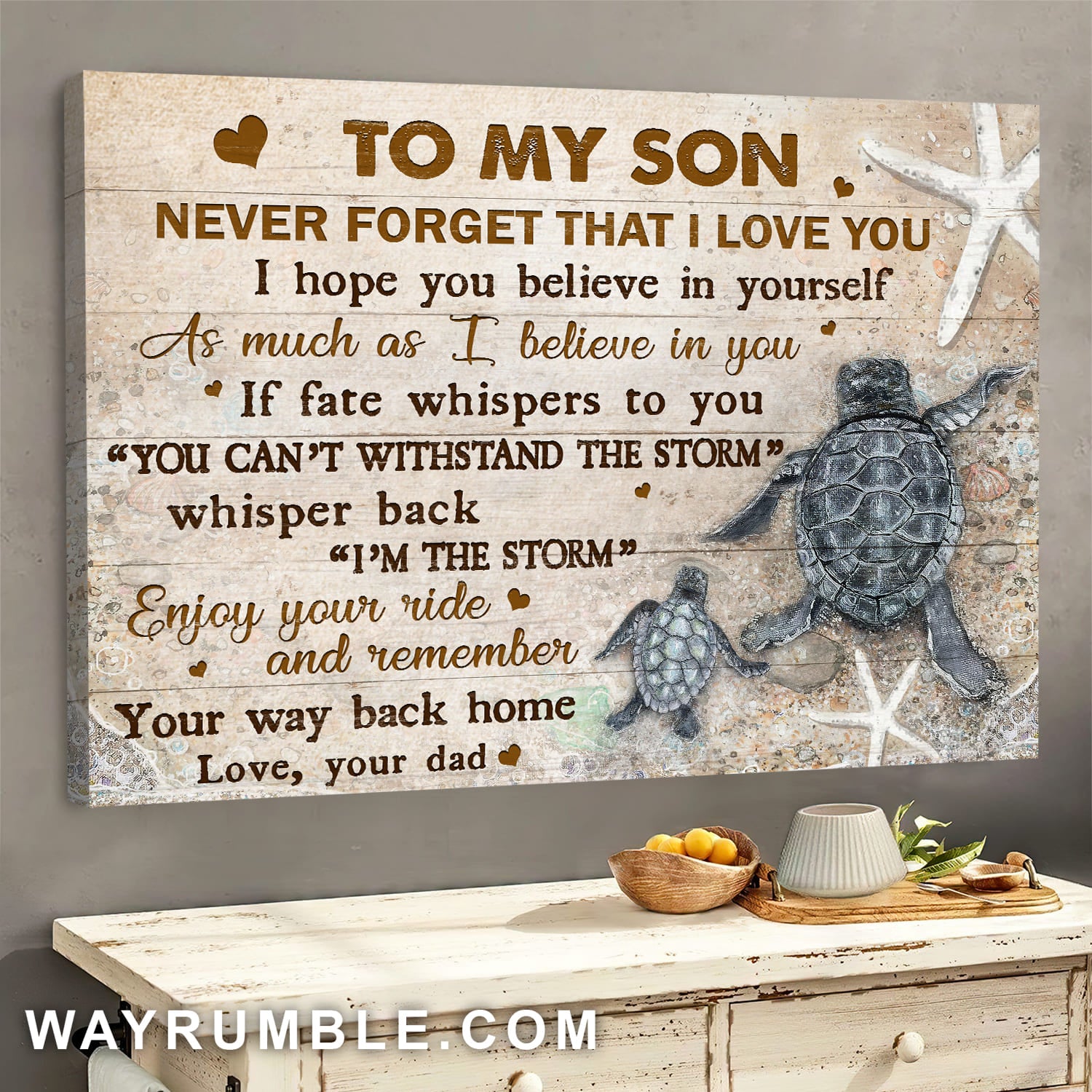 Dad to son, Turtle family, On the beach, Never forget that I love you - Family Landscape Canvas Prints, Wall Art
