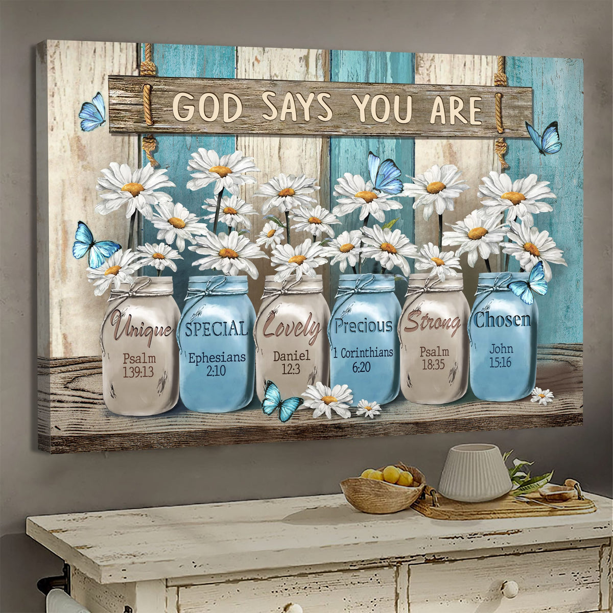 Daisy flower jar, Butterfly, Wooden background - Jesus Landscape Canvas Prints, Wall Art